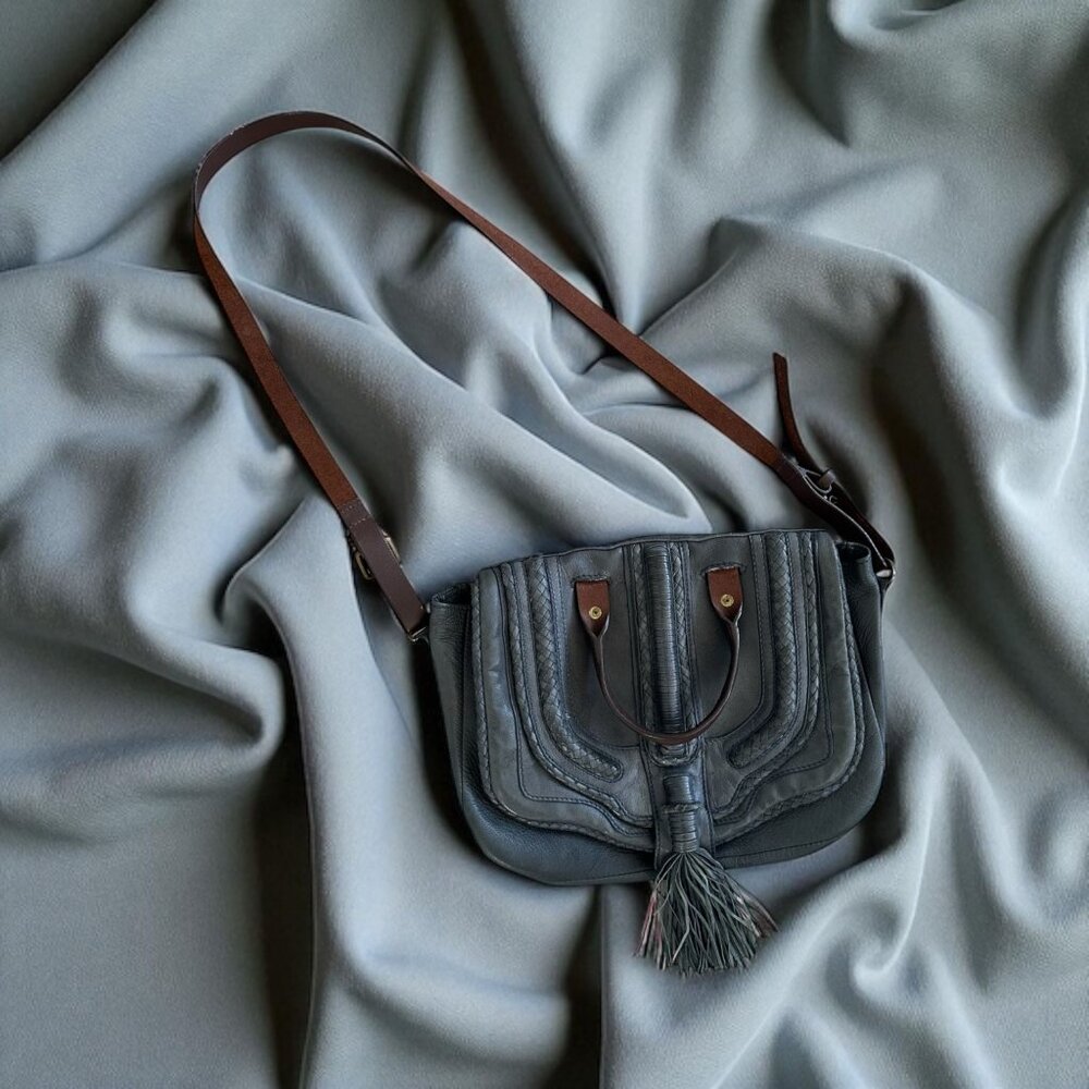 Exceptional Blue Leather Crossbody Bag with Tassel